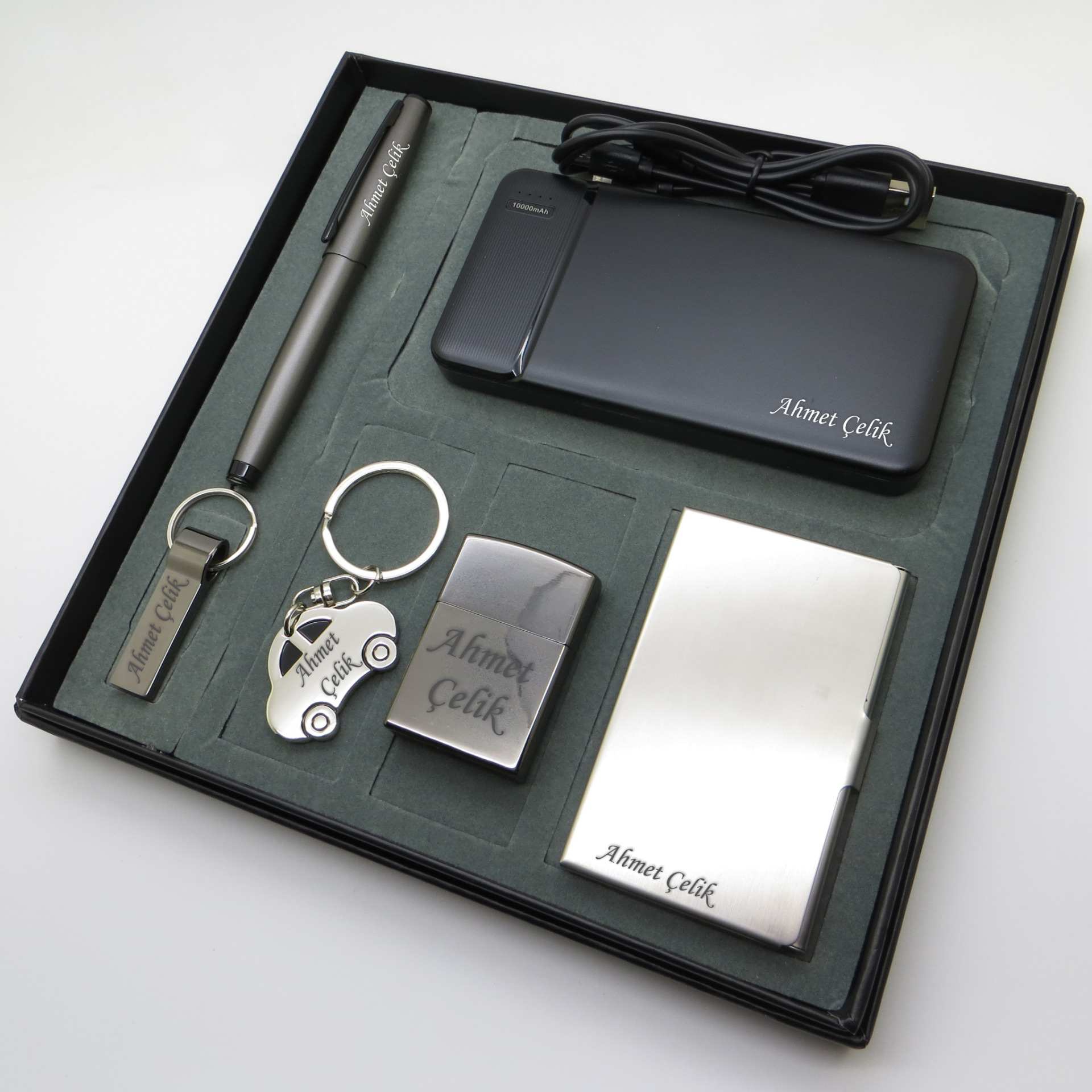Signator® Vosvos | Kişiye Özel Set - 128 Gb. Usb Bellek + 10000 mAh Powerbank  + Roller Kalem + Anahtarlık + Kartvizitlik ve Çakmak | İsme Özel Hediyelik Set