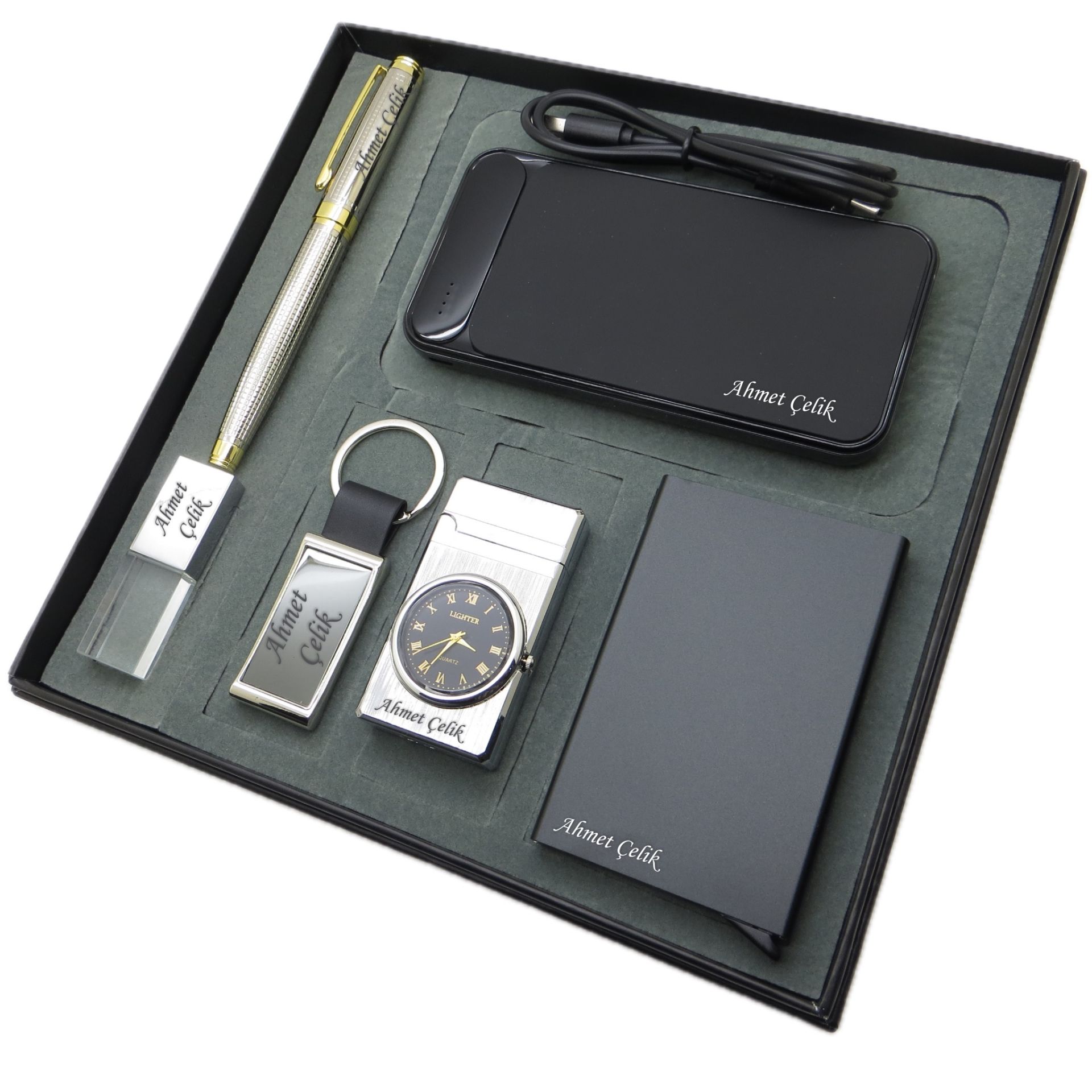 Signator® Celestia | Kişiye Özel Set - Saatli Çakmak + 32 Gb. Kristal Usb Bellek + 10000 mAh Powerbank  + Gold Krom Roller Kalem + Anahtarlık + Kartvizitlik | İsme Özel Hediyelik Set