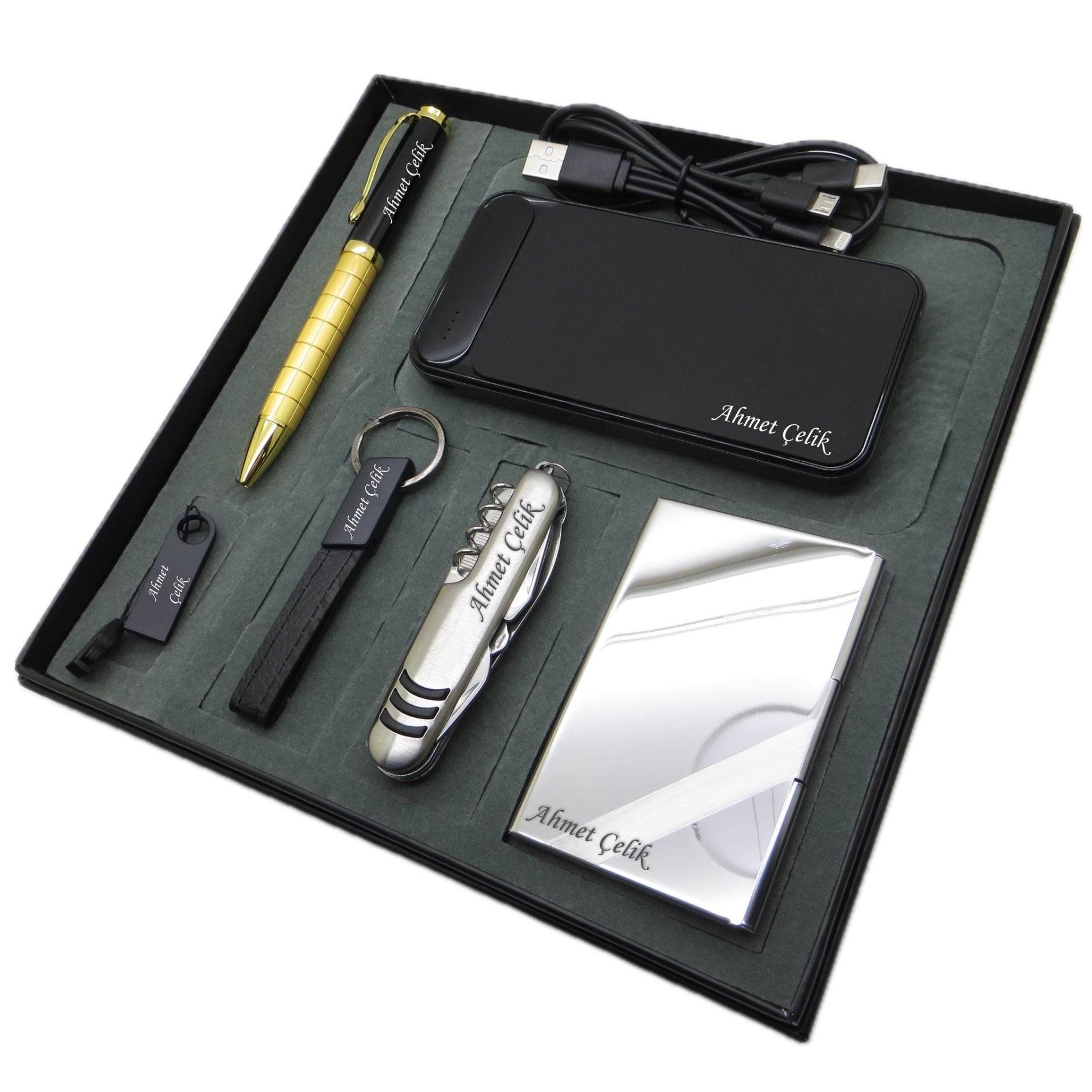 Signator® Fausta | Kişiye Özel Set - 32 Gb. Usb Bellek + 10000 mAh Powerbank  + Roller Kalem + Anahtarlık + Kartvizitlik + Fonksiyonlu Çakı | İsme Özel Hediyelik Set
