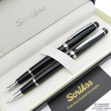 Scrikss 38 Siyah Krom Dolma Kalem + Roller Kalem Seti | Scrikss Oscar | İsme Özel Kalem | Hediye Kalem