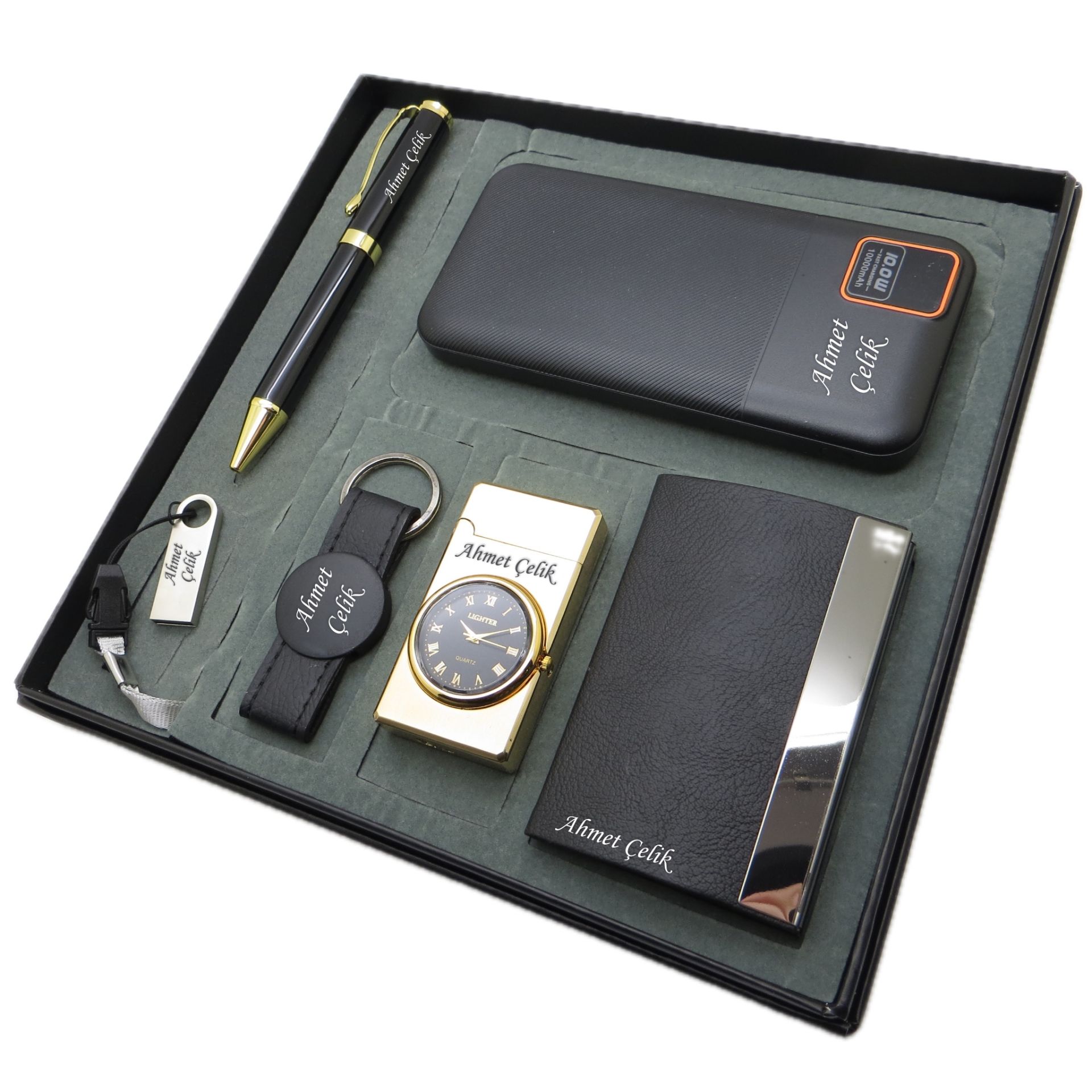 Signator® Eximius | Kişiye Özel Set - Kartvizitlik + 10000 mAh Powerbank  + Saatli Çakmak + Kalem + Anahtarlık + 32 Gb. Usb Bellek | İsme Özel Hediyelik Set