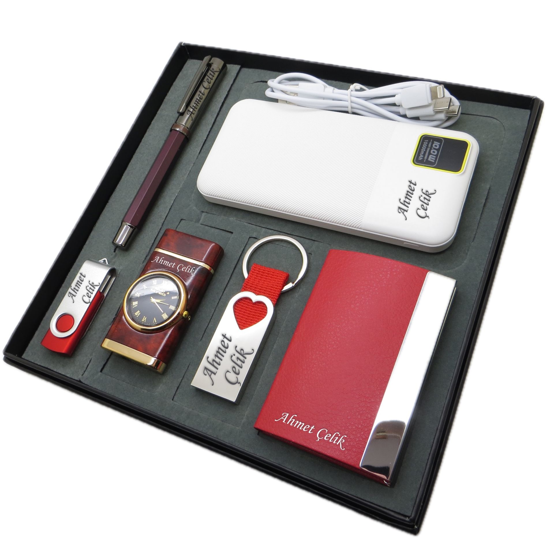 Signator® Cordis | Kişiye Özel Set - 32 Gb. Usb Bellek + 10000 mAh Powerbank  + Roller Kalem + Saatli Çakmak + Anahtarlık ve Kartvizitlik | İsme Özel Hediyelik Set