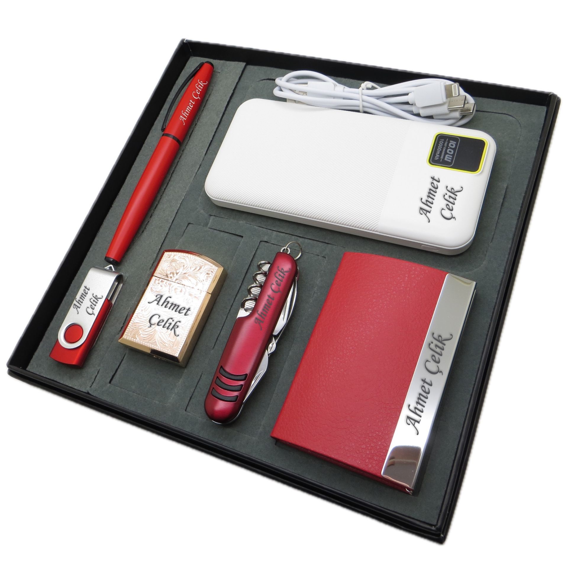 Signator® Rubina | Kişiye Özel Set - Rose Çakmak + 32 Gb. Usb Bellek + 10000 mAh Powerbank  + Roller Kalem + Çok Fonksiyonlu Çakı ve Kartvizitlik | İsme Özel Hediyelik Set