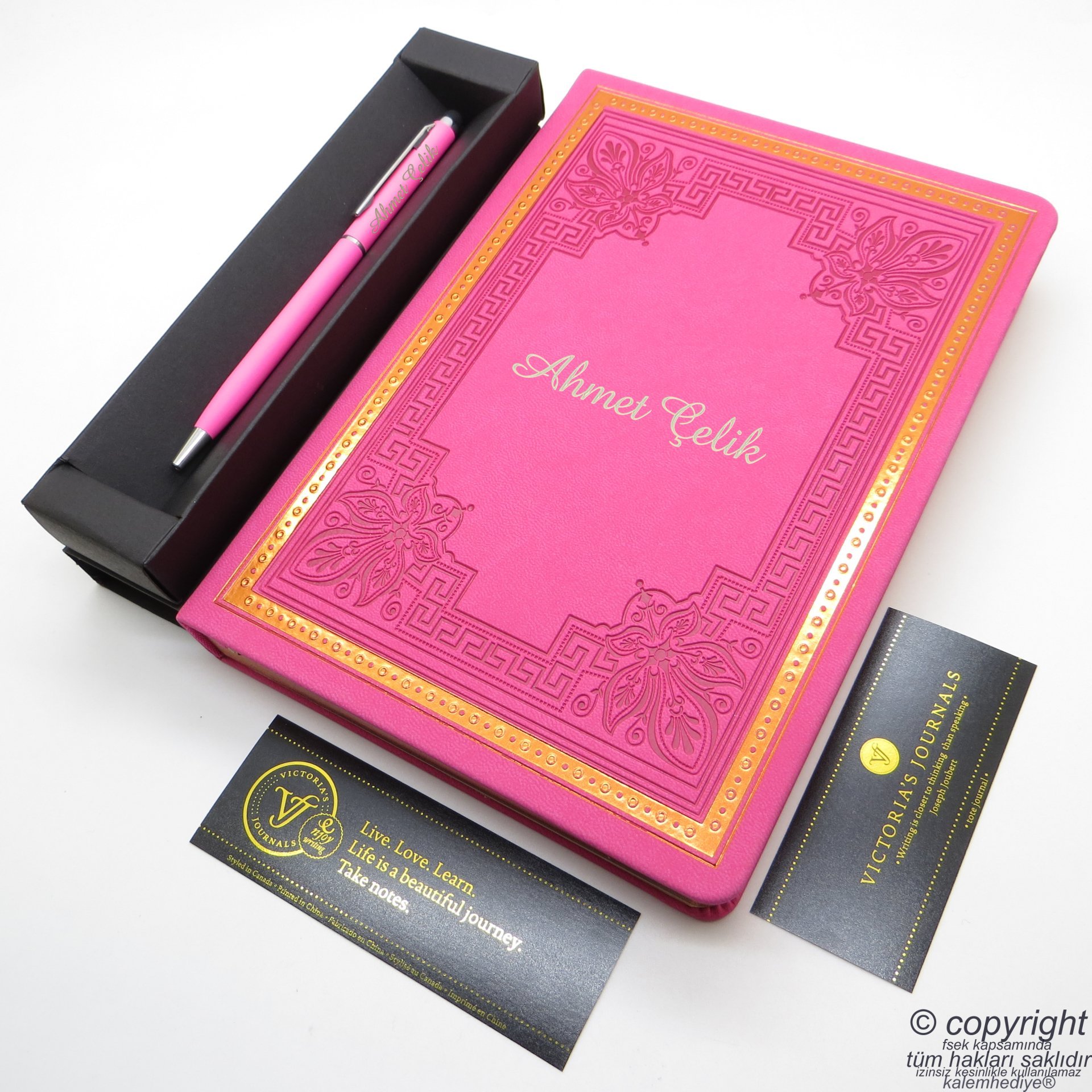 İsme Özel Defter ve Kalem | Pembe,14x20cm. 160 Yaprak, 80gr. Hediyelik Set