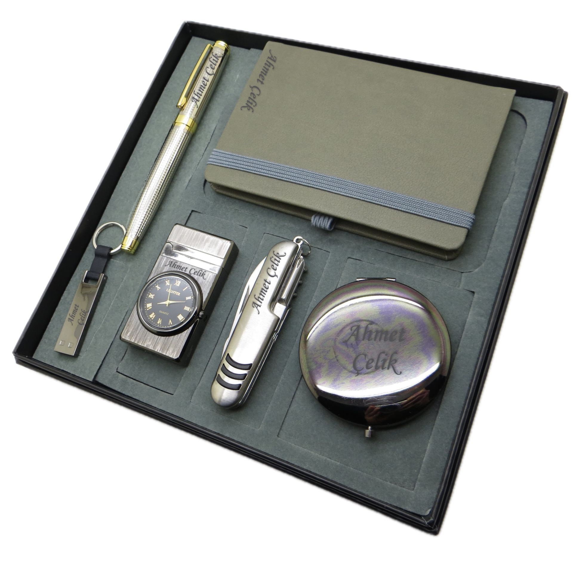 Signator® Victoria | Kişiye Özel Set - Saatli Titanyum Çakmak + 32 Gb. Usb Bellek + Not defteri  + Gold Krom Roller Kalem + Çok Fonksiyonlu Çakı ve El Aynası | İsme Özel Hediyelik Set