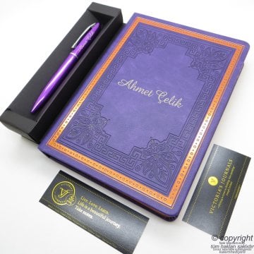 İsme Özel Defter ve Kalem | Mor,14x20cm. 160 Yaprak, 80gr. Hediyelik Set
