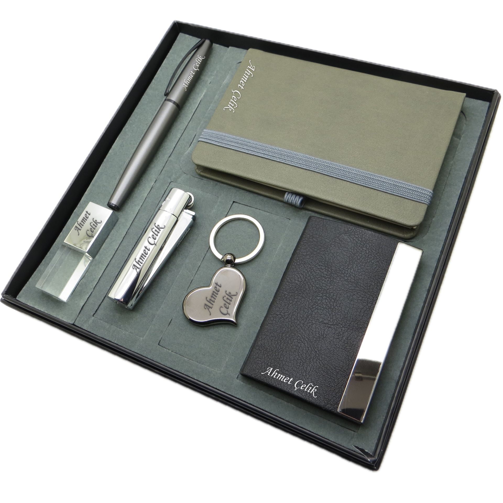 Signator® Fortuna | Kişiye Özel Set - 32 Gb. Kristal Usb Bellek + Not defteri  + Clipper Çakmak + Roller Kalem + Kalpli Anahtarlık ve Kartvizitlik | İsme Özel Hediyelik Set
