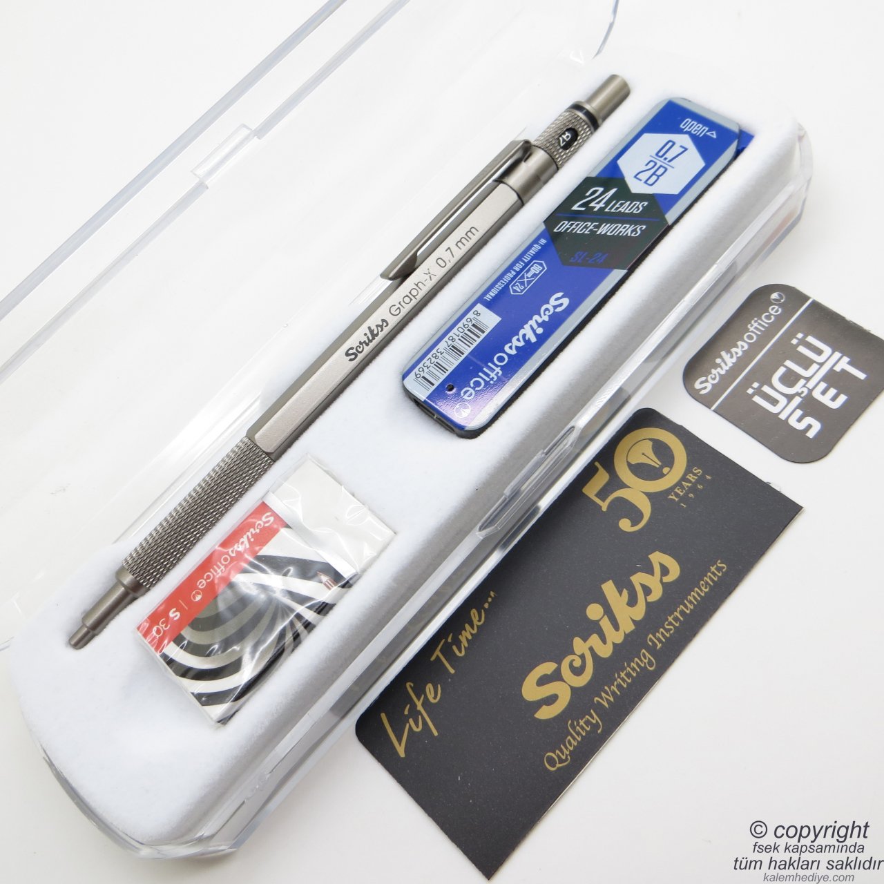 Scrikss Graph-x Kurşuni 3'lü 0.7mm Öğrenci Seti Kutulu- İsme Özel - Uçlu Kalem + Silgi + Bir Kutu Uç