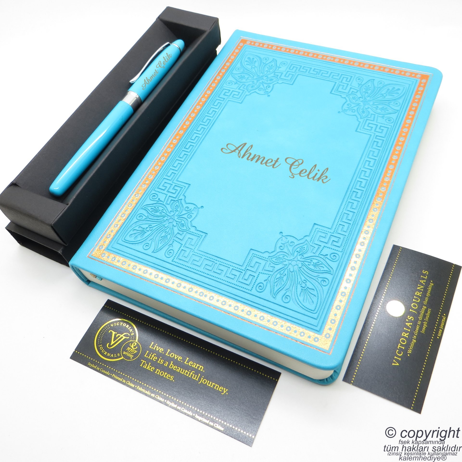 İsme Özel Defter ve Kalem | Turkuaz,14x20cm. 160 Yaprak, 80gr. Hediyelik Set