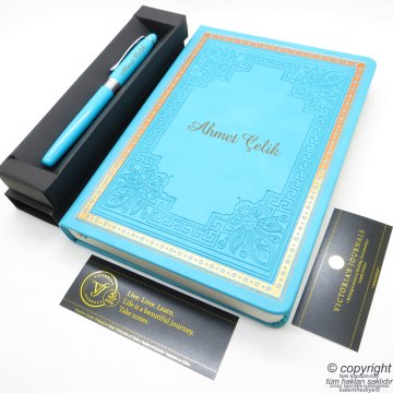 İsme Özel Defter ve Kalem | Turkuaz,14x20cm. 160 Yaprak, 80gr. Hediyelik Set
