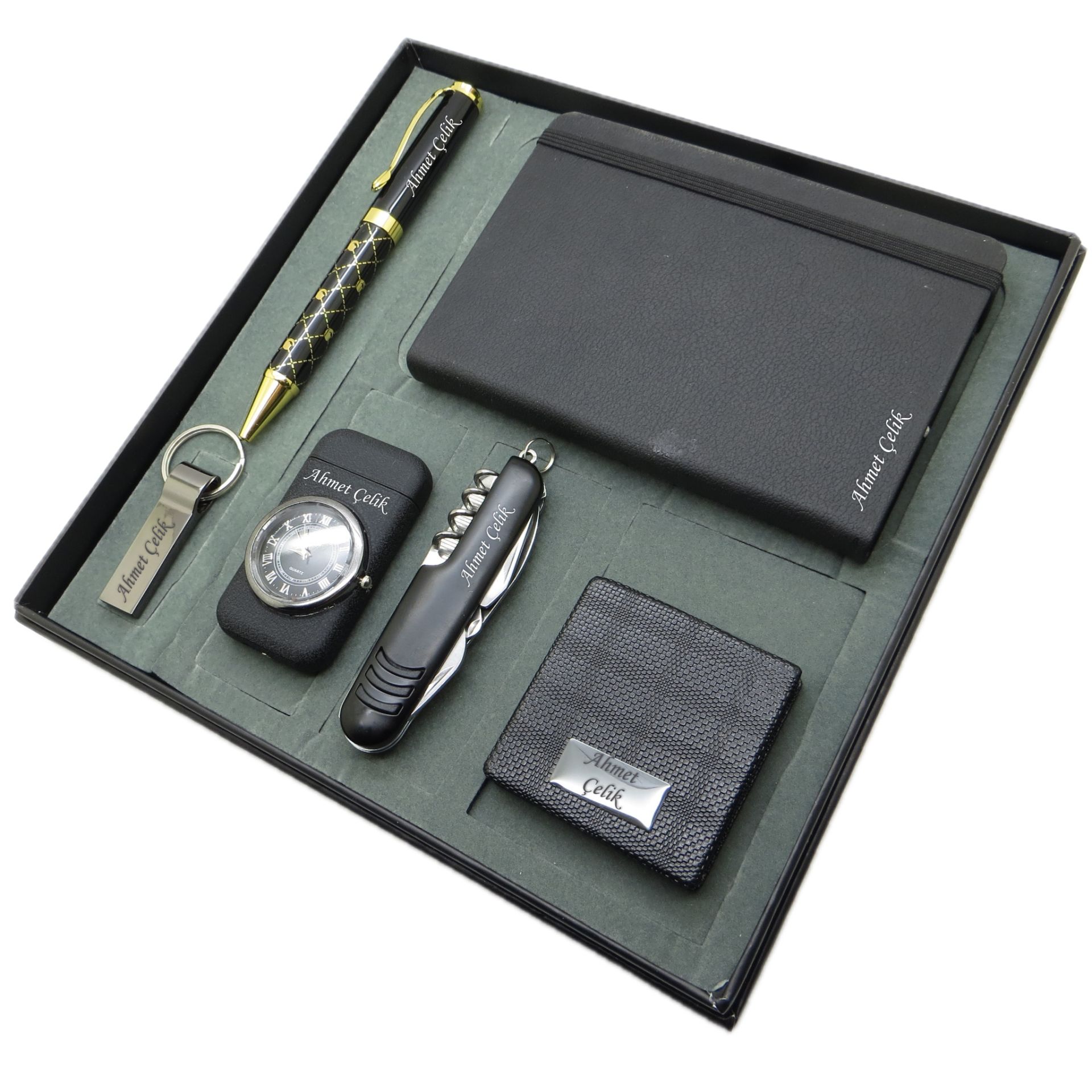 Signator® Tempus | Kişiye Özel Set - 128 Gb. Usb Bellek + Saatli Bazalt Çakmak + Çok Fonksiyonlu Çakı + Not defteri  + Kalem ve El Aynası | İsme Özel Hediyelik Set