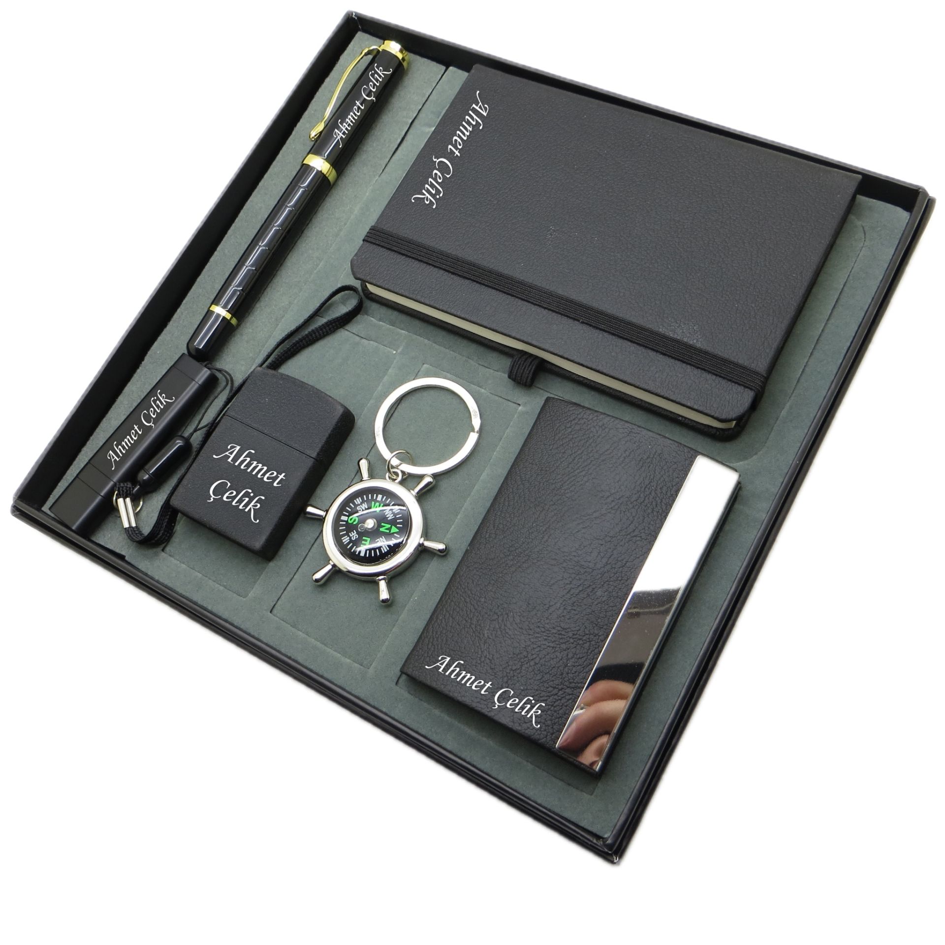 Signator® Oriens | Kişiye Özel Set - Pusulalı Anahtarlık + 32 Gb. Usb Bellek + Bazalt Çakmak + Not defteri  + Kalem ve Kartvizitlik | İsme Özel Hediyelik Set