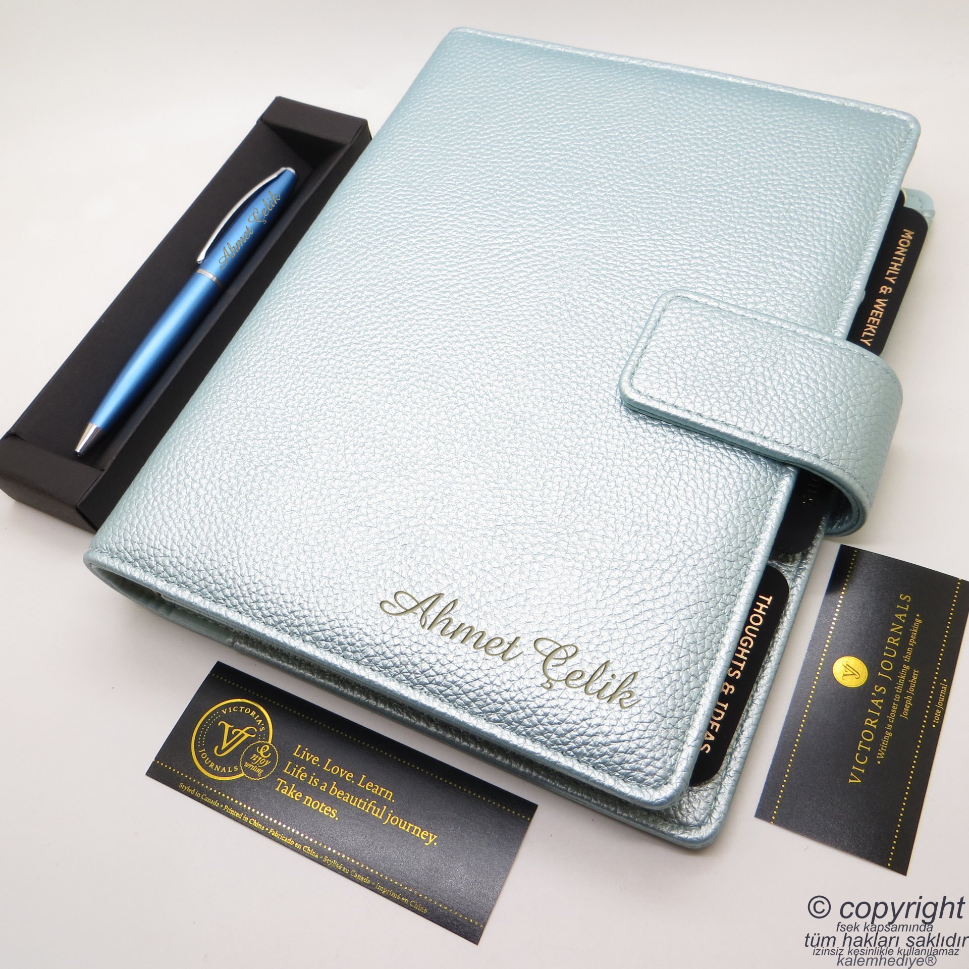 İsme Özel Tarihsiz Haftalık Organizer ve Kalem 15x21 | Soft Blue