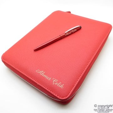 İsme Özel Fermuarlı Folder Tarihsiz Organizer ve Scrikss Kalem 15x21 | Kırmızı