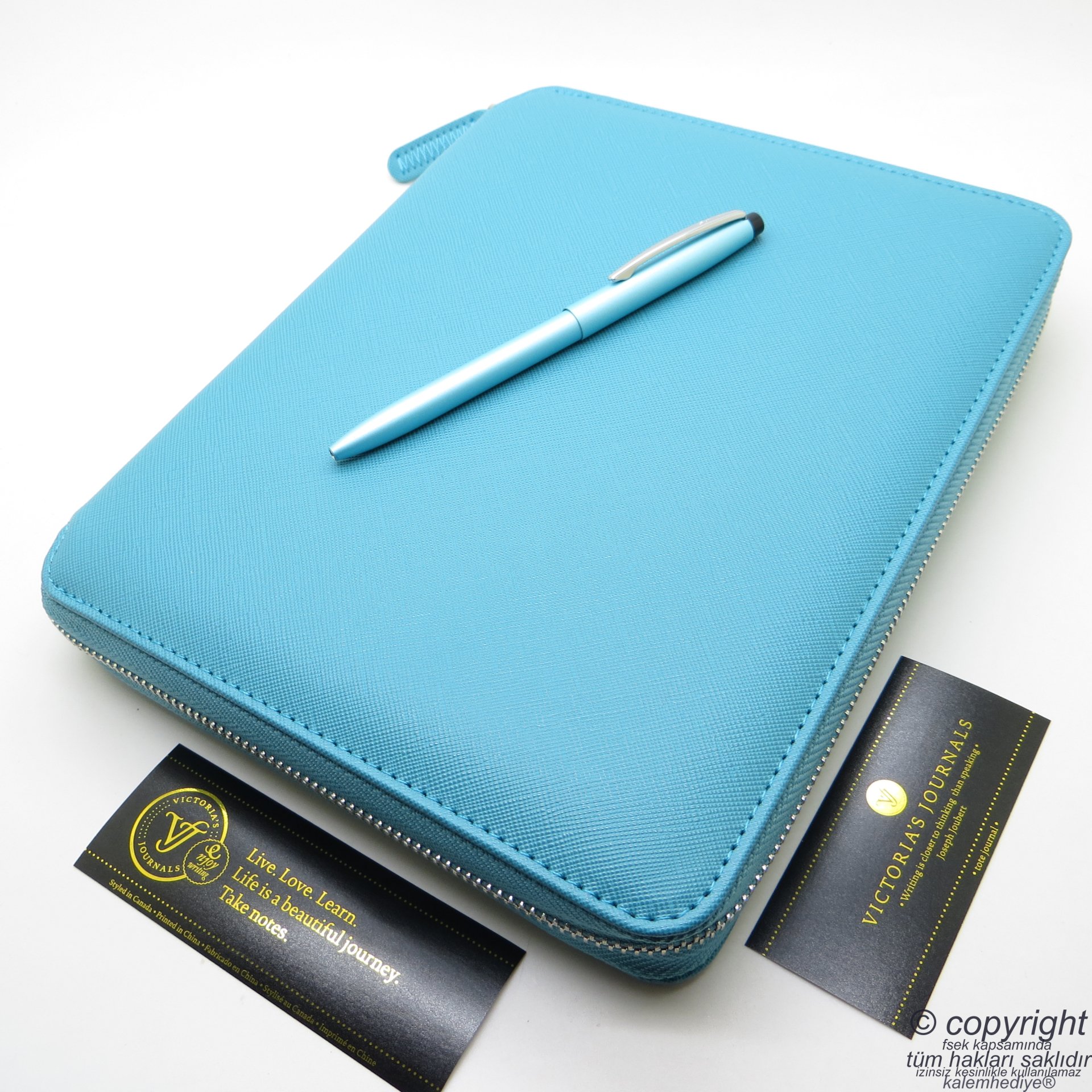 İsme Özel Fermuarlı Folder Tarihsiz Organizer ve Scrikss Kalem 15x21 | Turkuaz