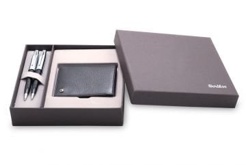 Scrikss Parlak Siyah Tükenmez Kalem + Versatil Kalem + Hakiki Deri Comfort Cüzdan Set | Hepi İsme Özel