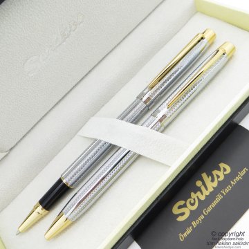 Scrikss 722W Gold Krom Roller Kalem + Tükenmez Kalem Seti | Scrikss Oscar | İsme Özel Kalem | Hediye Kalem
