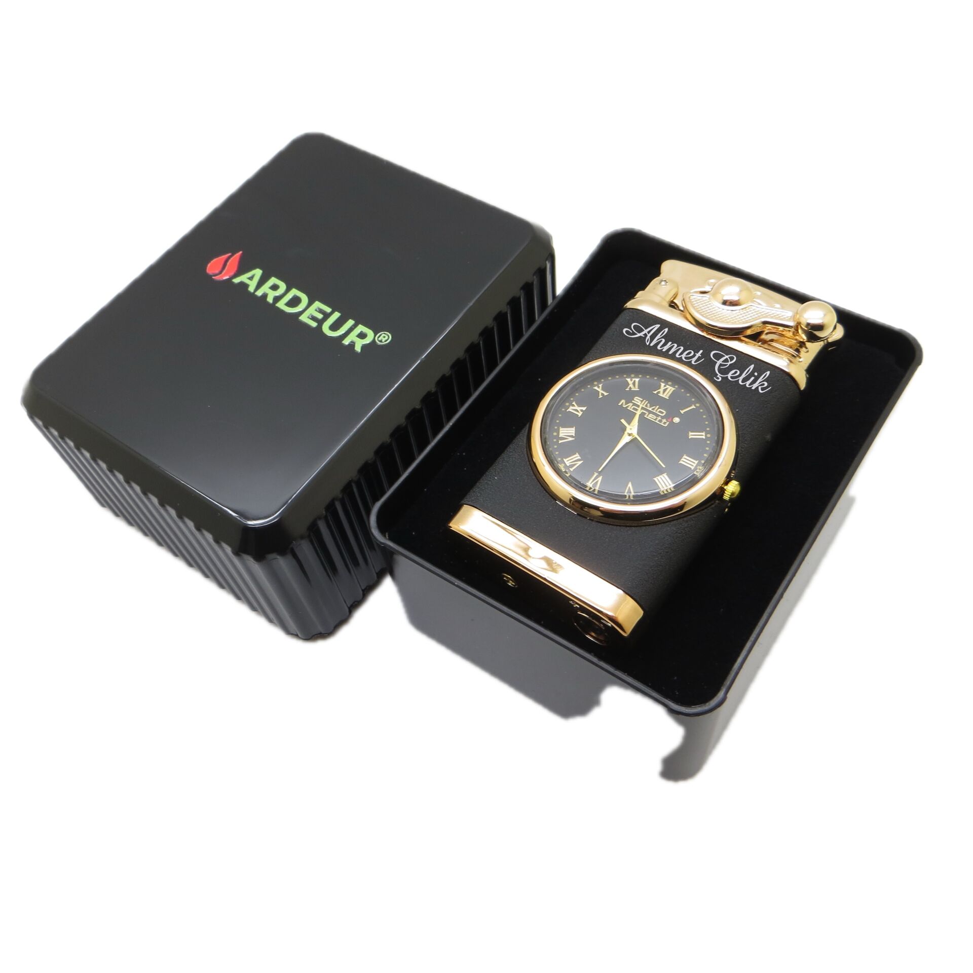 Ardeur® Ravenor Black Gold Saatli Kişiye Özel İsimli Çakmak | Hediyelik Kutusunda