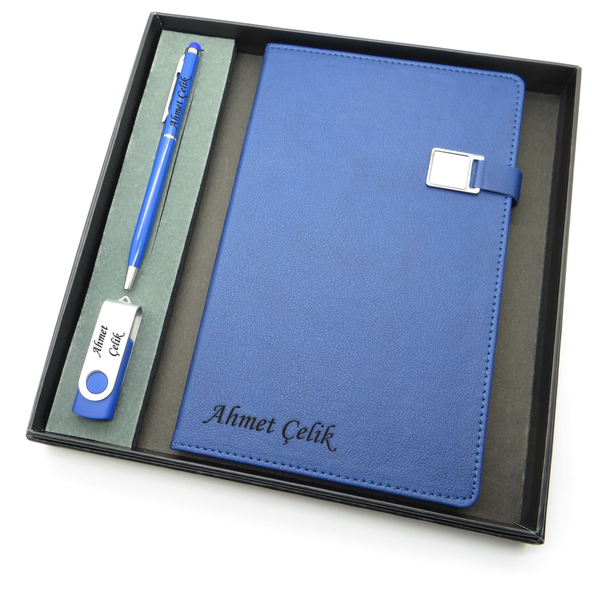 Signator® Codex | N120 Kişiye Özel Defterli Set - İsme Özel Mavi Kalem + İsme Özel Mavi Defter + İsme Özel Usb Bellek| İsme Özel Kutusunda Hediyelik Set