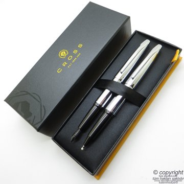 Cross ATX 879-2 Parlak Krom Dolma Kalem + Roller Kalem Set | İsme Özel Kalem