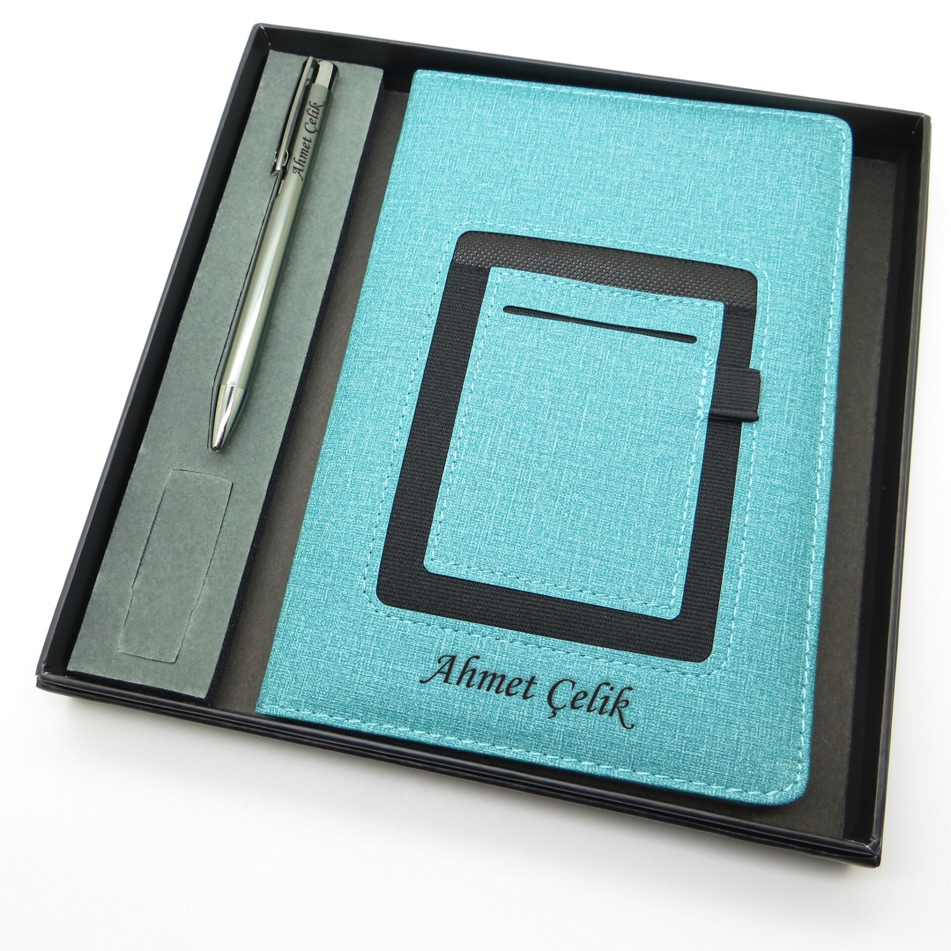 Signator® Codex | N127 Kişiye Özel Defterli Set - İsme Özel Gümüş Kalem + İsme Özel Turkuaz Defter | İsme Özel Kutusunda Hediyelik Set
