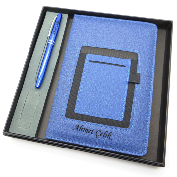 Signator® Codex | N129 Kişiye Özel Defterli Set - İsme Özel Mavi Kalem + İsme Özel Mavi Defter | İsme Özel Kutusunda Hediyelik Set