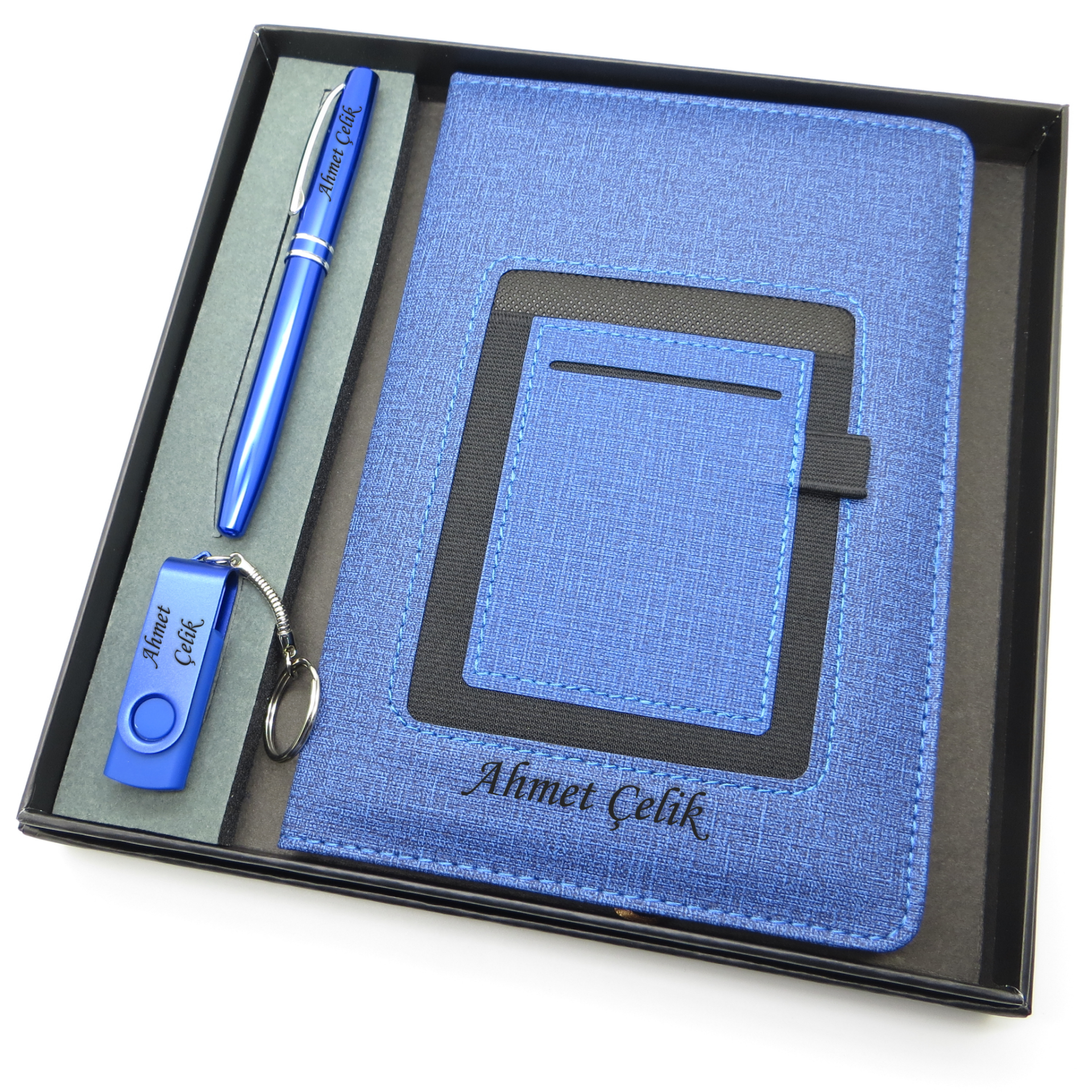 Signator® Codex | N130 Kişiye Özel Defterli Set - İsme Özel Mavi Kalem + İsme Özel Mavi Defter + İsme Özel Usb Bellek| İsme Özel Kutusunda Hediyelik Set