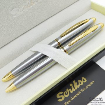 Scrikss 88 Gold Krom Roller Kalem + Tükenmez Kalem Seti | Scrikss Knight | İsme Özel Kalem | Hediye Kalem