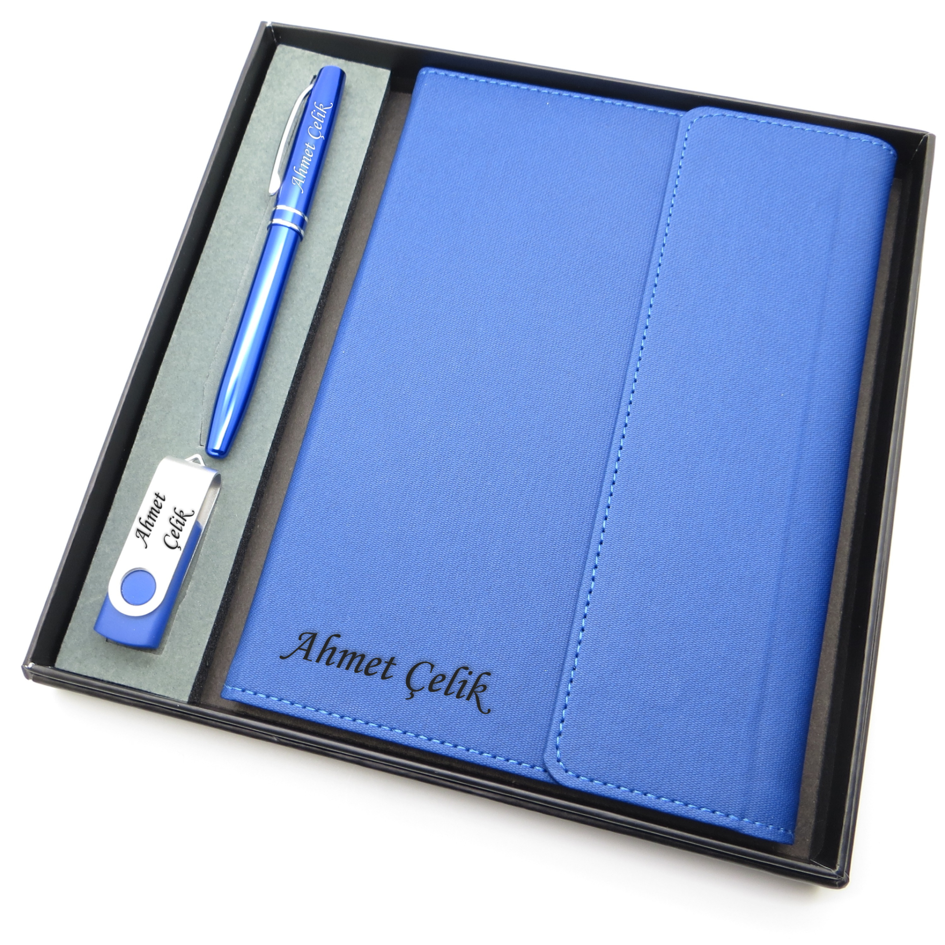 Signator® Codex | N138 Kişiye Özel Defterli Set - İsme Özel Mavi Kalem + İsme Özel Mavi Defter + İsme Özel 32 GB Usb Bellek| İsme Özel Kutusunda Hediyelik Set