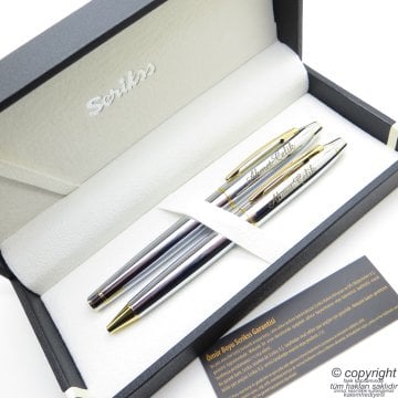 Scrikss 35 Gold Krom Roller Kalem + Tükenmez Kalem Seti | Scrikss Noble | İsme Özel Kalem | Hediye Kalem