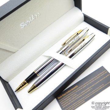 Scrikss 35 Gold Krom Roller Kalem + Tükenmez Kalem Seti | Scrikss Noble | İsme Özel Kalem | Hediye Kalem