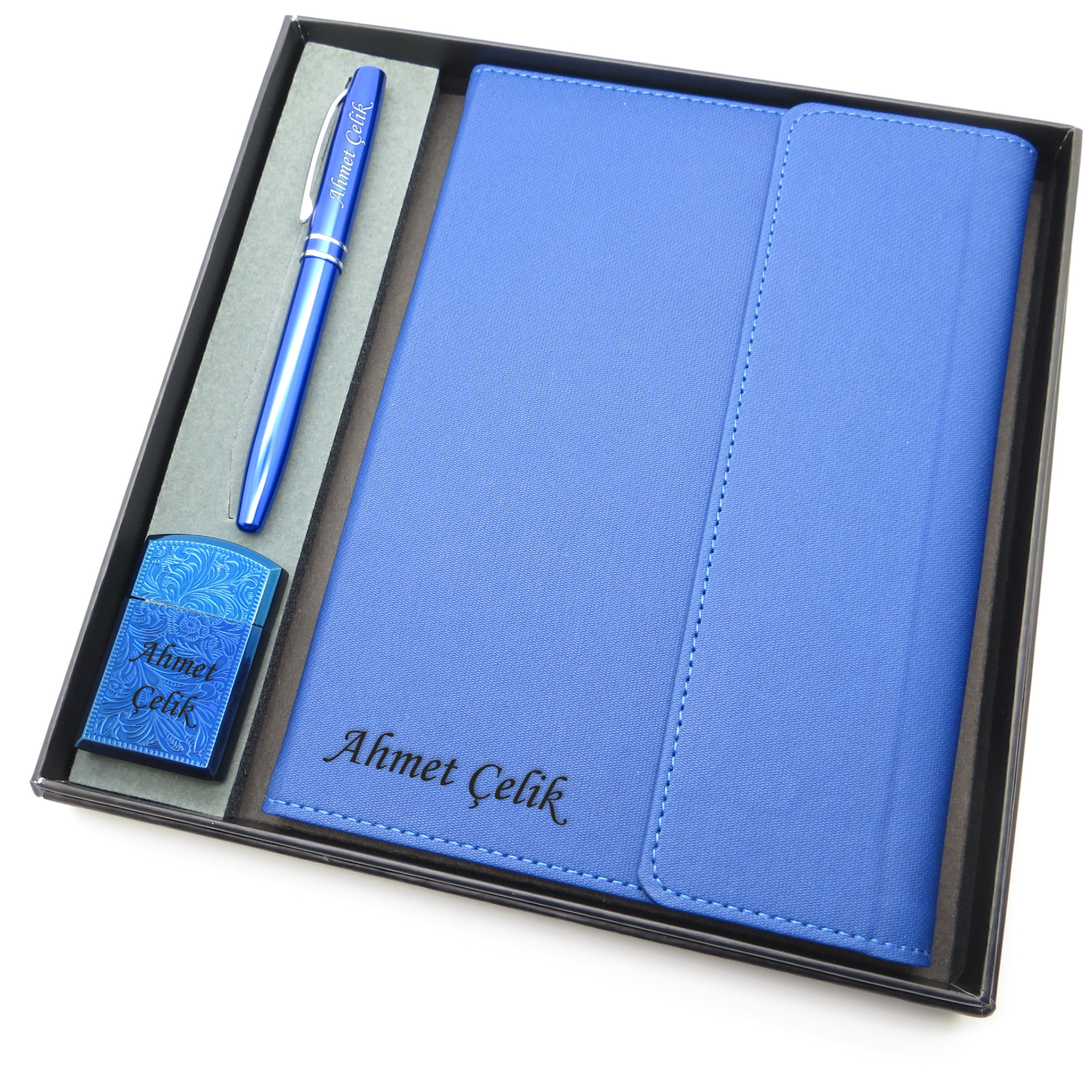 Signator® Codex | N139 Kişiye Özel Defterli Set - İsme Özel Mavi Kalem + İsme Özel Mavi Defter + İsme Özel Mavi Çakmak | İsme Özel Kutusunda Hediyelik Set