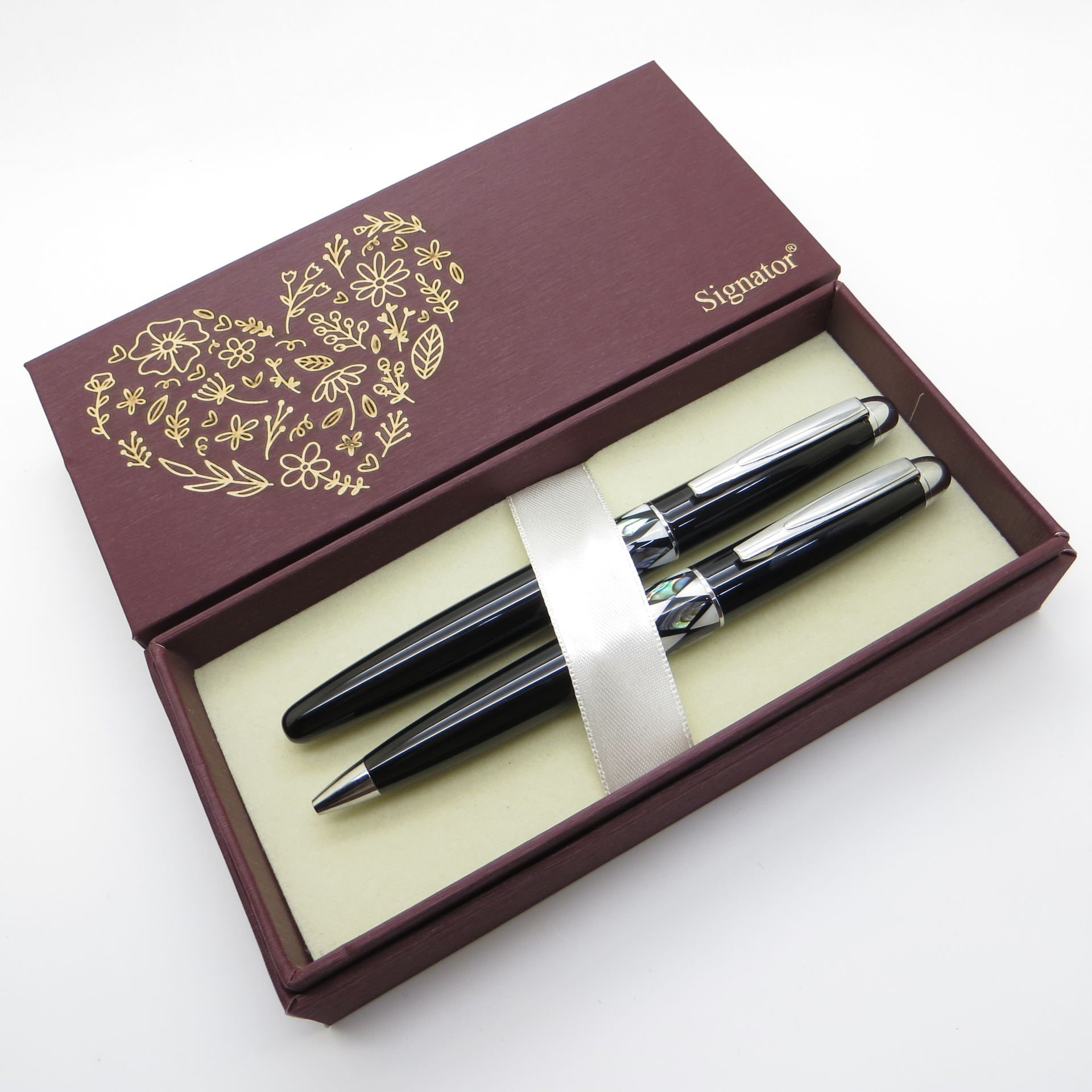 Signator® S259 Sedef Detaylı Siyah Lake Roller Kalem + Tükenmez Kalem Set | İsme Özel Kalem | Hediyelik Kalem