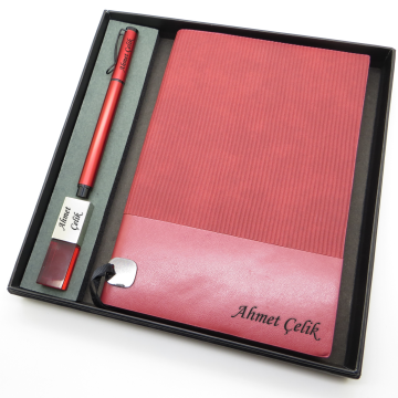 Signator® Codex | N144 Kişiye Özel Defterli Set - İsme Özel Kırmızı Kalem + İsme Özel Kırmızı Defter + İsme Özel 32 GB Usb Bellek| İsme Özel Kutusunda Hediyelik Set
