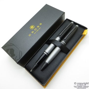 Cross Calais Mat Siyah Gri Roller Kalem + Tükenmez Kalem | Cross Kalem | İsme Özel Kalem