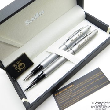 Scrikss 35 Mat Krom Dolma Kalem + Roller Kalem Seti | Scrikss Noble | İsme Özel Kalem | Hediye Kalem