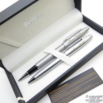 Scrikss 35 Mat Krom Roller Kalem + Tükenmez Kalem Seti | Scrikss Noble | İsme Özel Kalem | Hediye Kalem