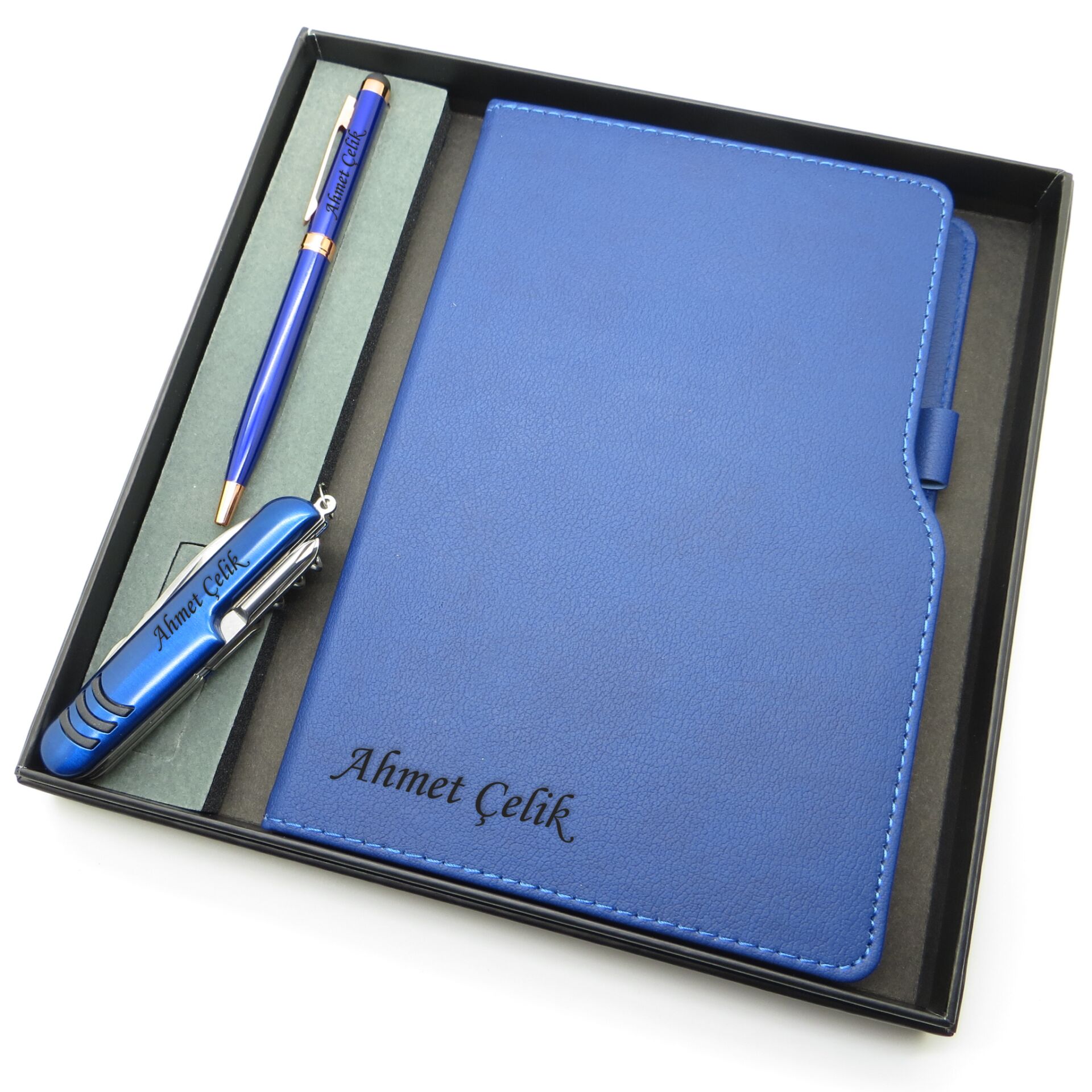 Signator® Codex | N158 Kişiye Özel Defterli Set - İsme Özel Mavi Kalem + İsme Özel Mavi Defter + İsme Özel Mavi Çakı| İsme Özel Kutusunda Hediyelik Set