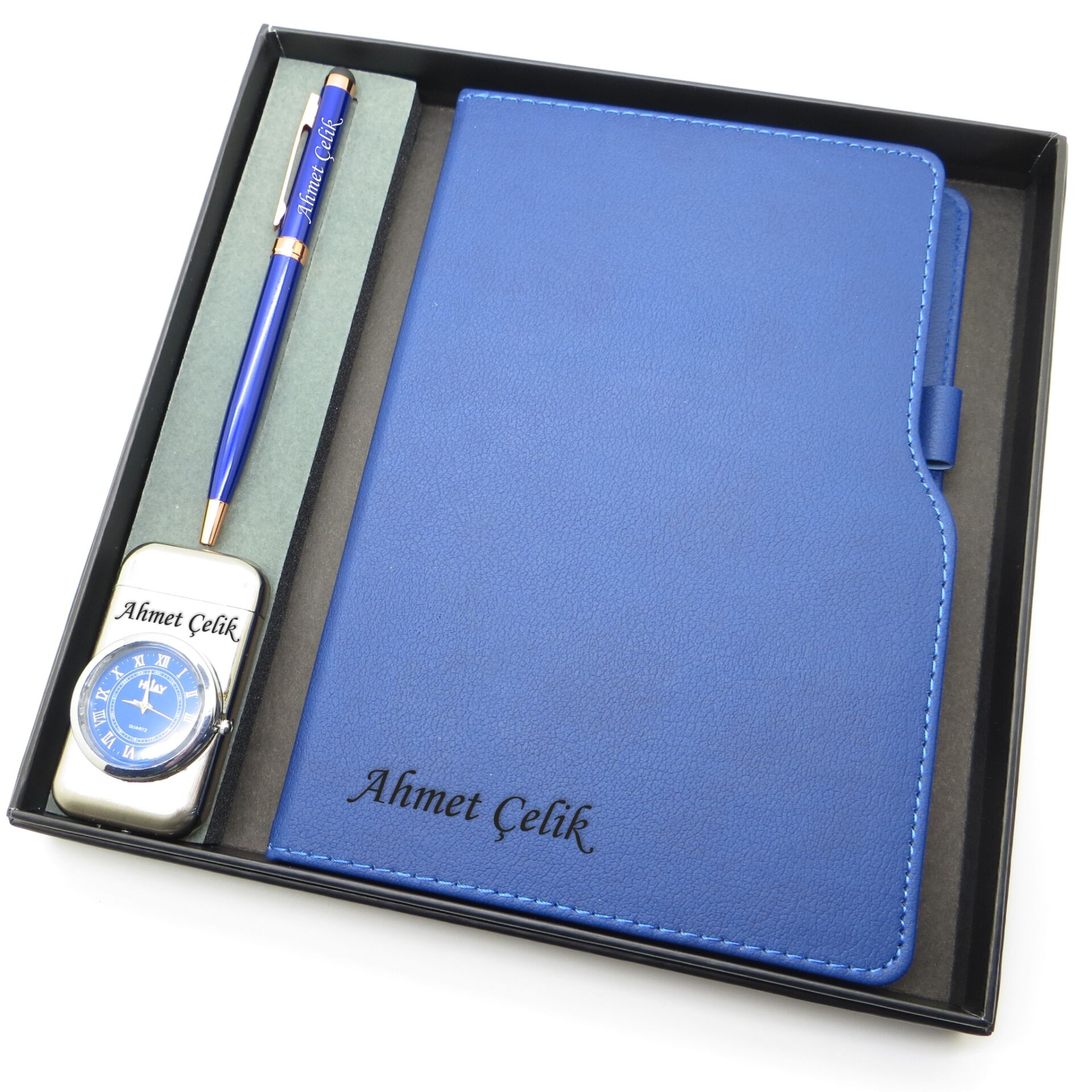 Signator® Codex | N159 Kişiye Özel Defterli Set - İsme Özel Mavi Kalem + İsme Özel Mavi Defter + İsme Özel Gümüş Çakmak | İsme Özel Kutusunda Hediyelik Set