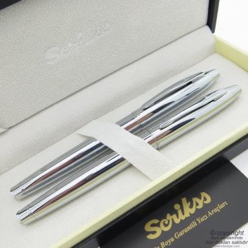 Scrikss 35 Parlak Krom Dolma Kalem + Roller Kalem Seti | Scrikss Noble | İsme Özel Kalem | Hediye Kalem