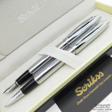 Scrikss 35 Parlak Krom Dolma Kalem + Roller Kalem Seti | Scrikss Noble | İsme Özel Kalem | Hediye Kalem