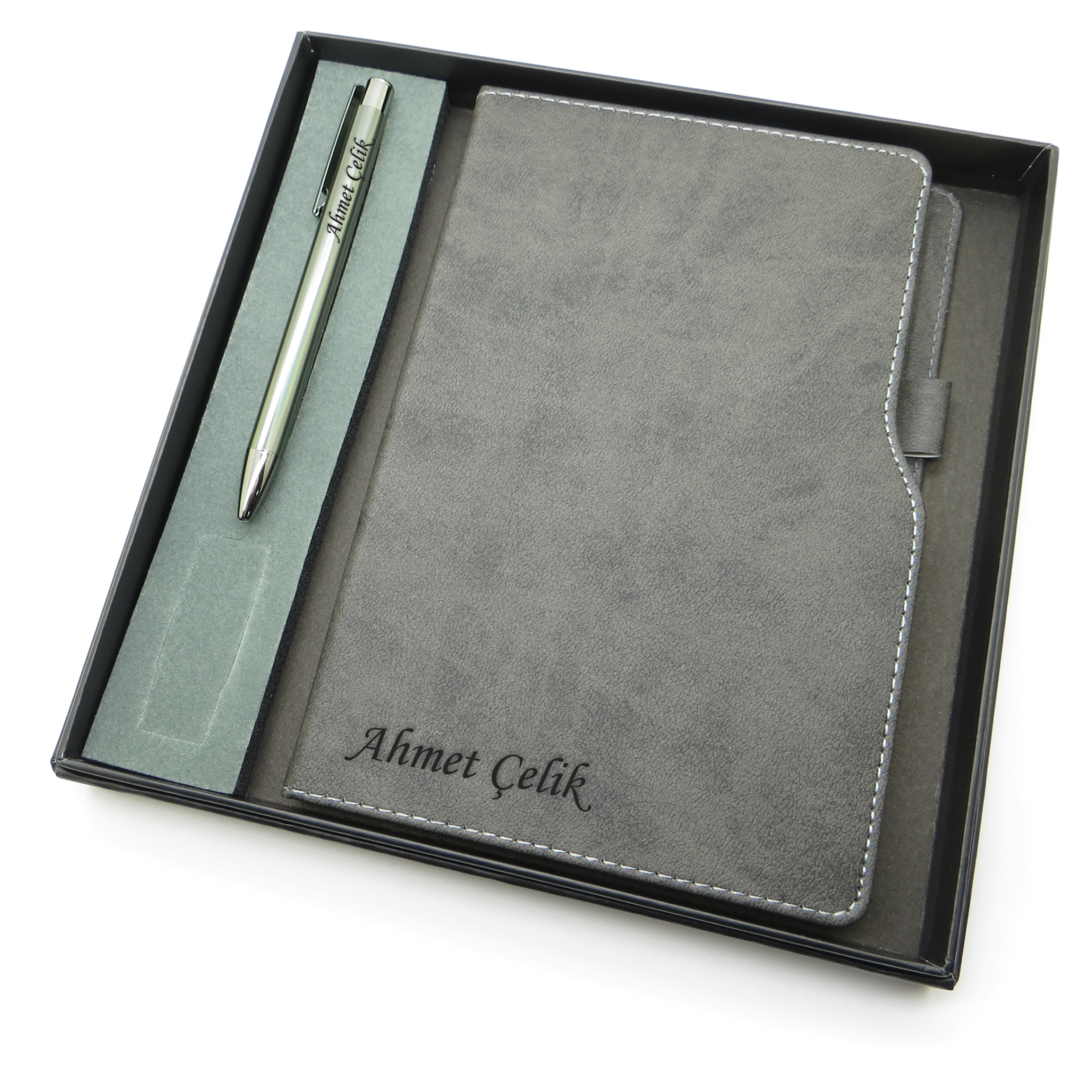 Signator® Codex | N161 Kişiye Özel Defterli Set - İsme Özel Gri Kalem + İsme Özel Gri Defter | İsme Özel Kutusunda Hediyelik Set