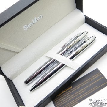 Scrikss 35 Parlak Krom Roller Kalem + Tükenmez Kalem Seti | Scrikss Noble | İsme Özel Kalem | Hediye Kalem