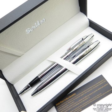 Scrikss 35 Parlak Krom Roller Kalem + Tükenmez Kalem Seti | Scrikss Noble | İsme Özel Kalem | Hediye Kalem