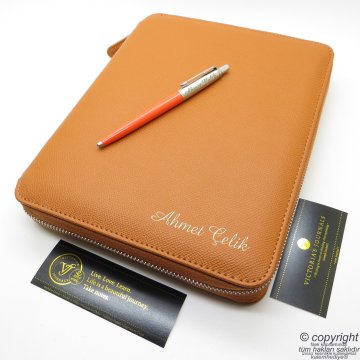 İsme Özel Fermuarlı Folder Tarihsiz Organizer ve Parker Kalem 15x21 | Taba