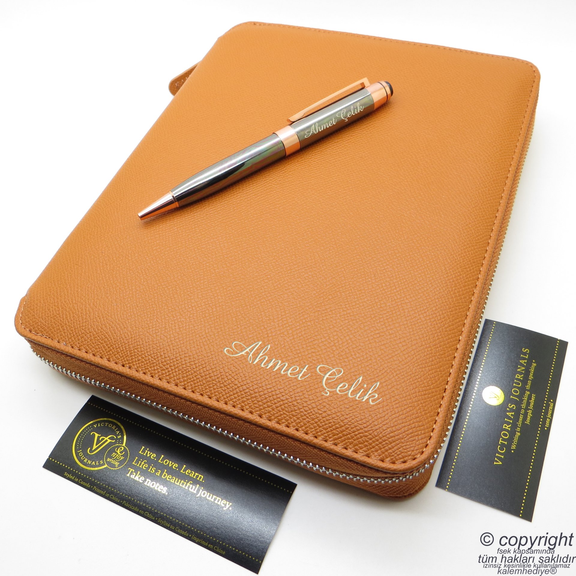 İsme Özel Fermuarlı Folder Tarihsiz Organizer ve Titanyum Kalem 15x21 | Taba
