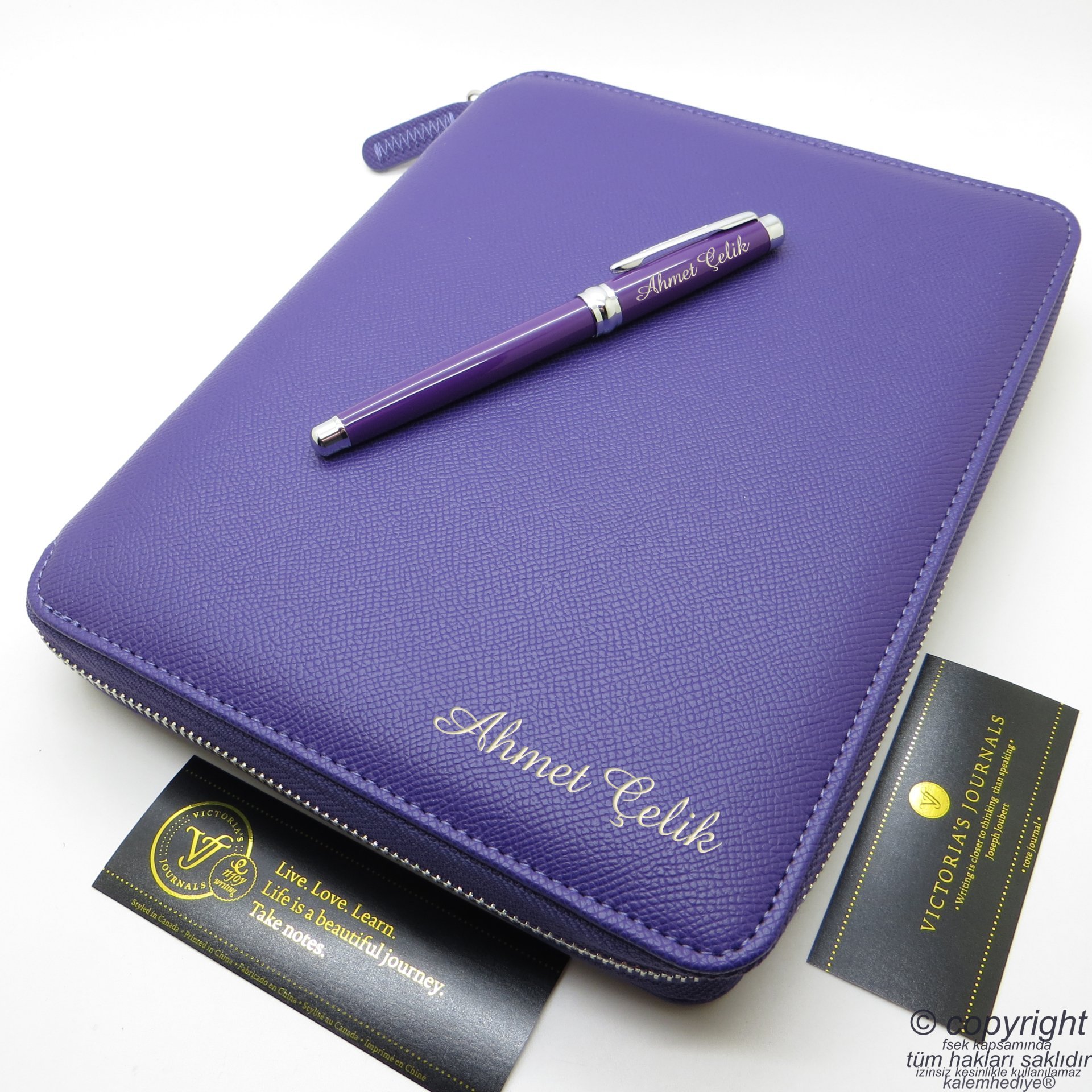 İsme Özel Fermuarlı Folder Tarihsiz Organizer ve Mor Roller Kalem 15x21 | Mor