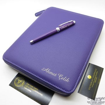 İsme Özel Fermuarlı Folder Tarihsiz Organizer ve Mor Roller Kalem 15x21 | Mor