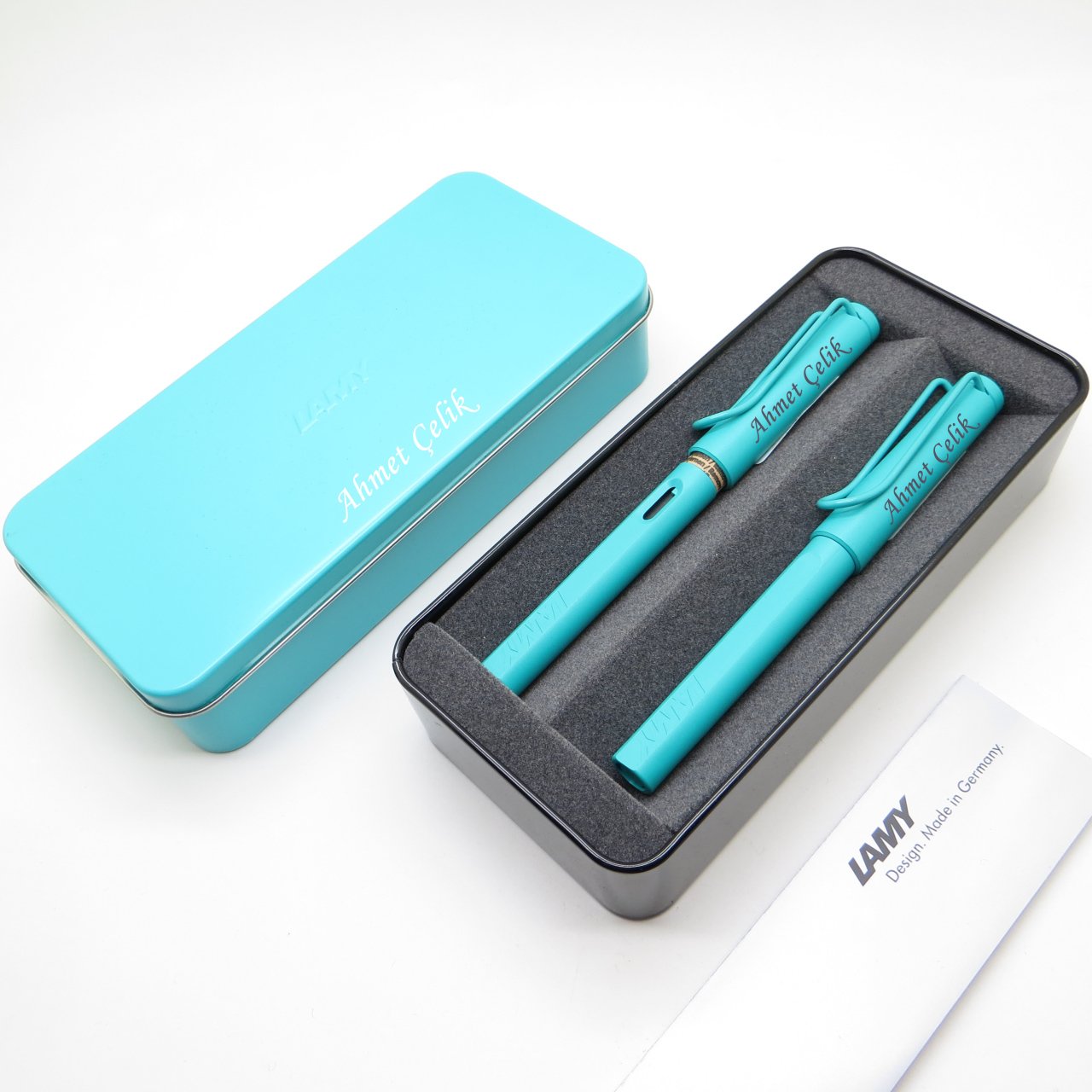Lamy Safari Aquamarine Dolma Kalem + Roller Kalem Seti + Metal Kutu |  Lamy Kalem | Hepsi İsme Özel