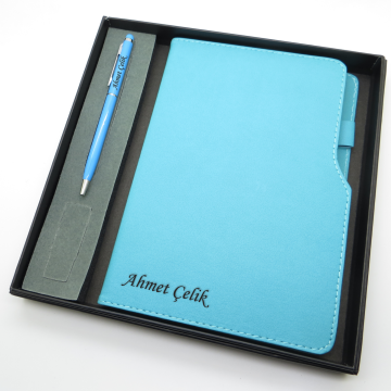 Signator® Codex | N176 Kişiye Özel Defterli Set - İsme Özel Turkuaz Kalem + İsme Özel Turkuaz Defter | İsme Özel Kutusunda Hediyelik Set